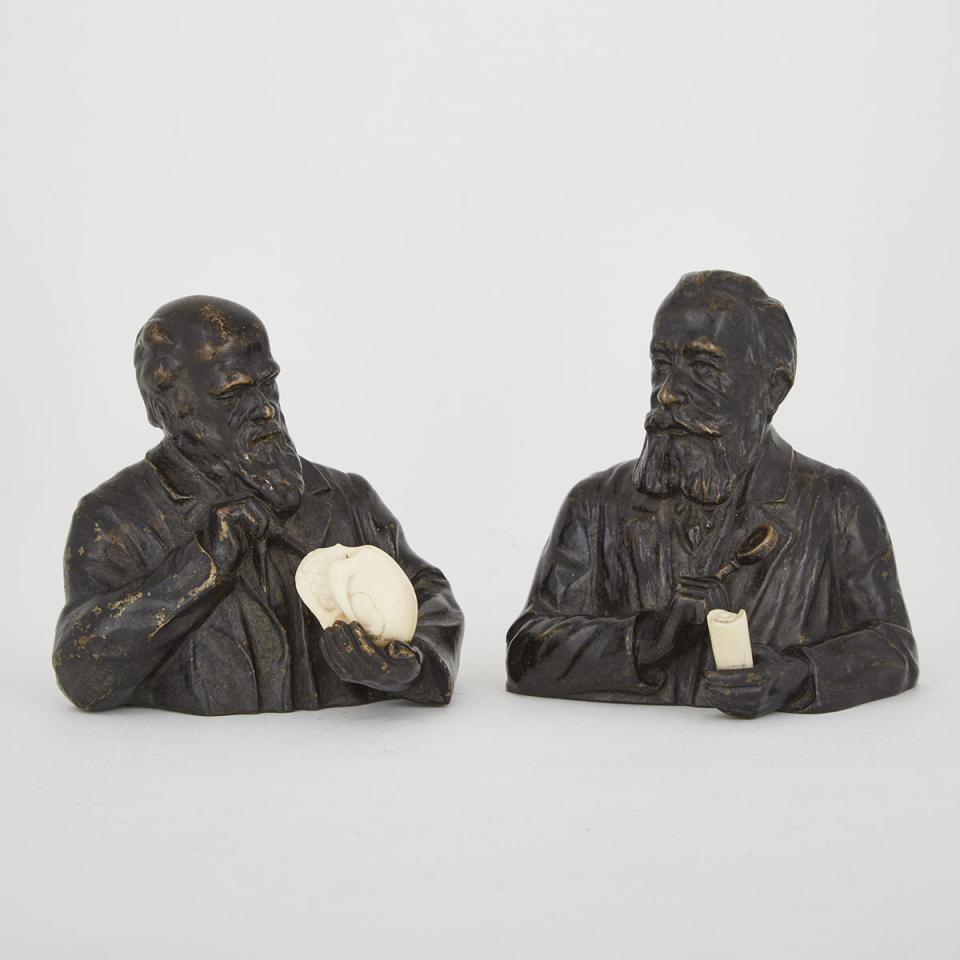 Pair of Patinated Bronze and Carved Ivory Busts: Charles Darwin and Louis Pasteur, 19th century