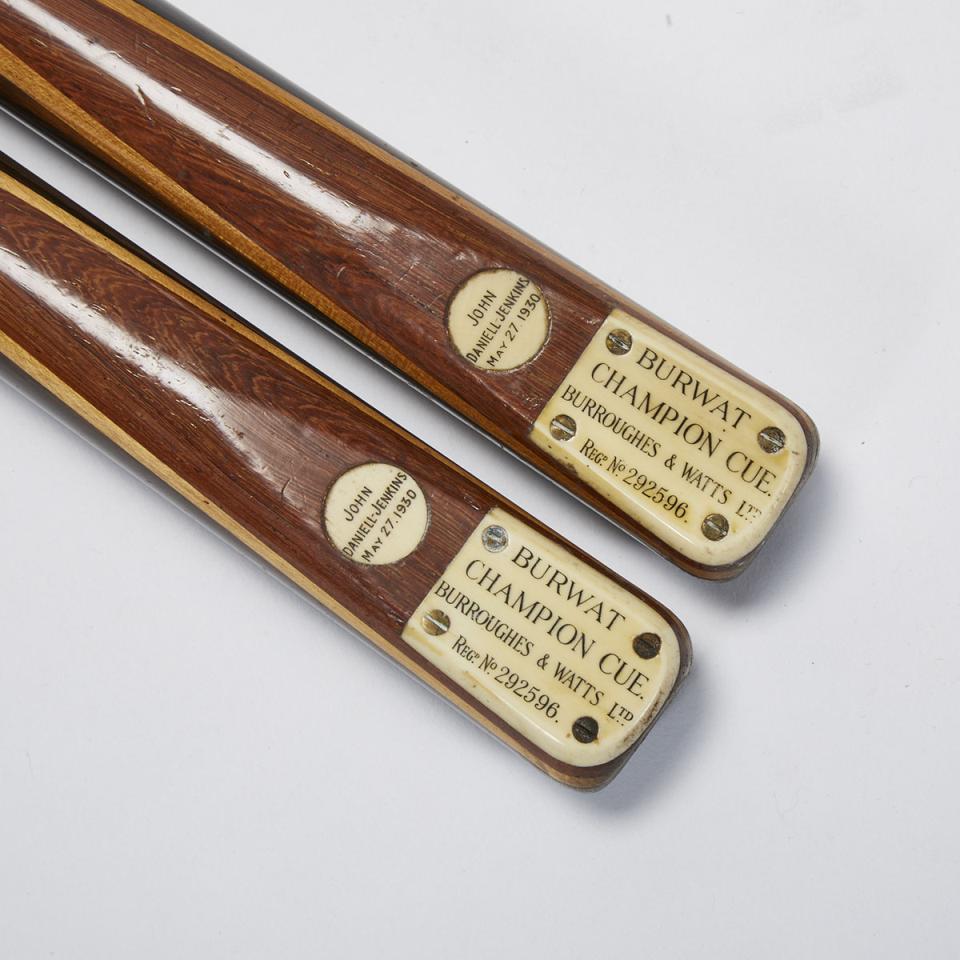 Two Snooker / Billiards / Pool Cues, Burroughes & Watts, London, 1930