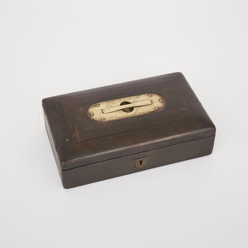 Brass Mounted Leather Box, Engraved to A.J. Lawford, Esq., 27th Inniskilling Regiment, c.1885