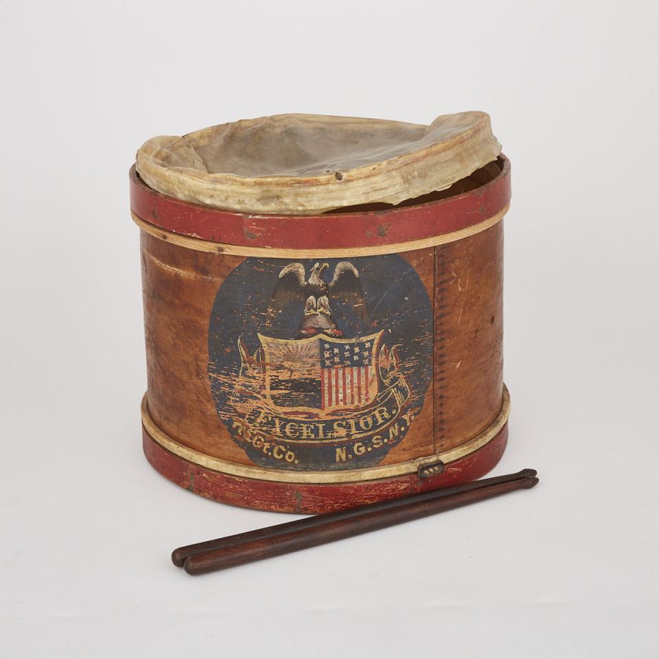 National Guard of the State of New York Painted Snare Drum and Sticks, Wm. A. Pond, New York, N.Y., c.1871 