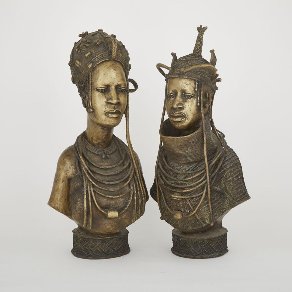 Pair of Benin Bronze Busts of an Oba and Queen Mother, West Africa