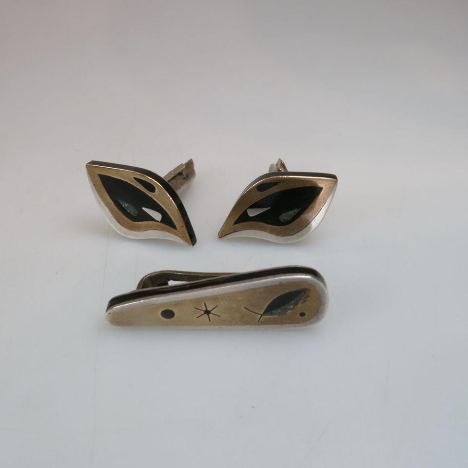 Estela Popowski Mexican Sterling Silver And Mixed Metals Cufflinks And Tie Bar