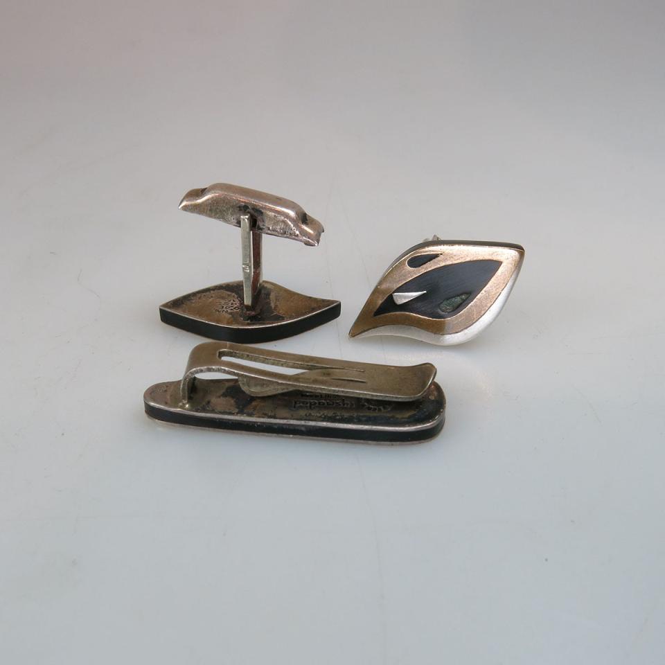 Estela Popowski Mexican Sterling Silver And Mixed Metals Cufflinks And Tie Bar