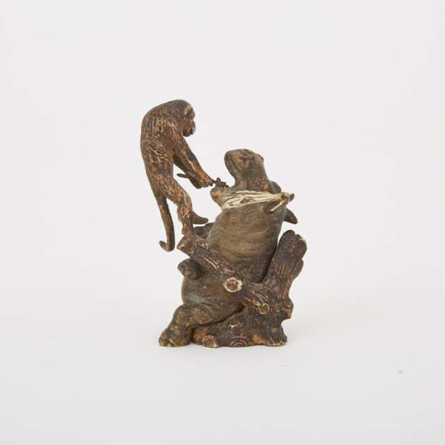 Miniature Austrian Cold Painted Bronze Animalier Dental Group of a Monkey and a Hippopotamus, c.1900