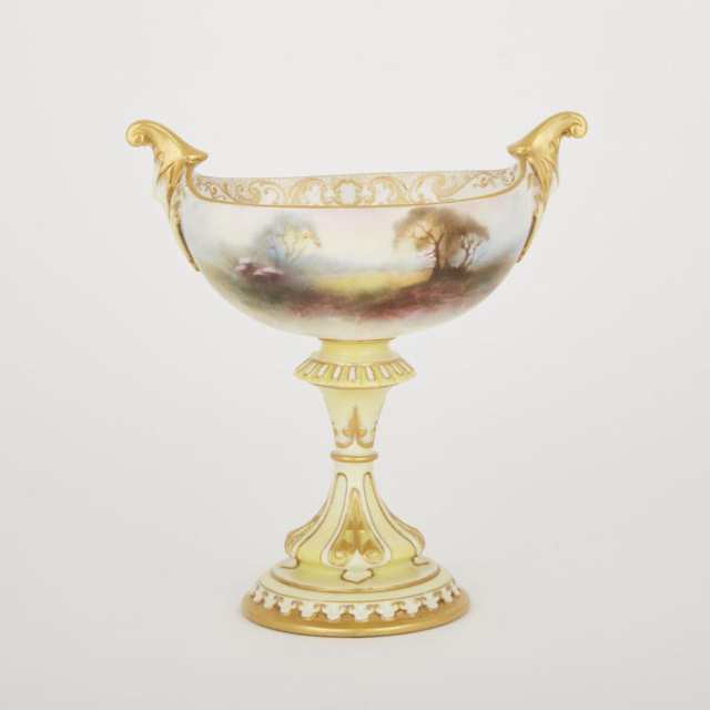 Royal Worcester Golden Pheasants Pedestal Footed Comport, Arthur Lewis, 1907
