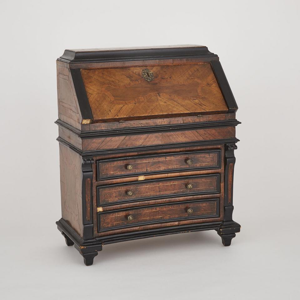 Continental Miniature Marquetry Inlaid Walnut and Ebonized Drop Front Desk, c.1860