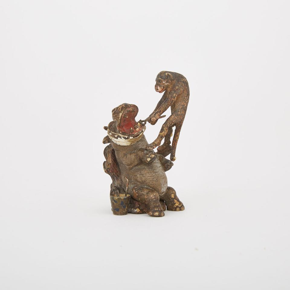 Miniature Austrian Cold Painted Bronze Animalier Dental Group of a Monkey and a Hippopotamus, c.1900