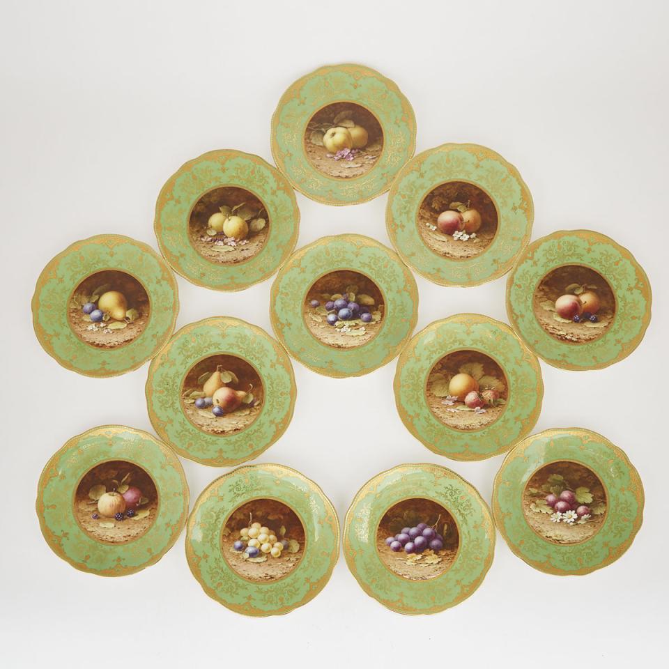 Twelve Coalport Green and Gilt Fruit Decorated Dessert Plates, Frederick Chivers, c.1920