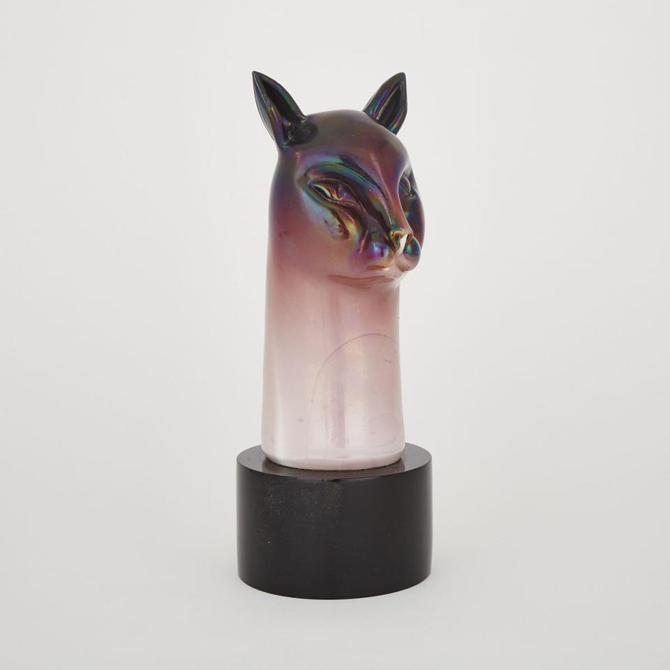 Murano Iridescent Opaque Amethyst Glass Head of a Cat, 1980s
