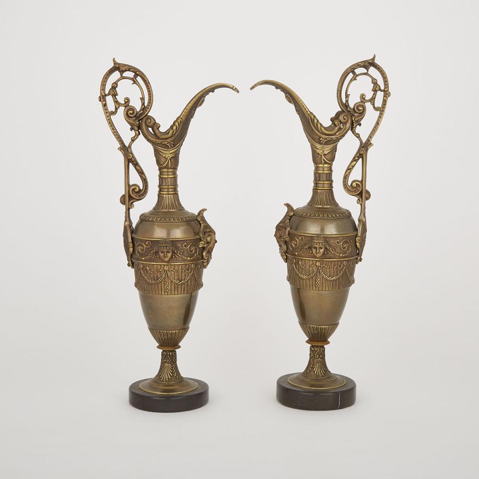 Pair of French Aesthetic Style Gilt Bronze Ewer Form Mantle Garniture, early-mid 20th century