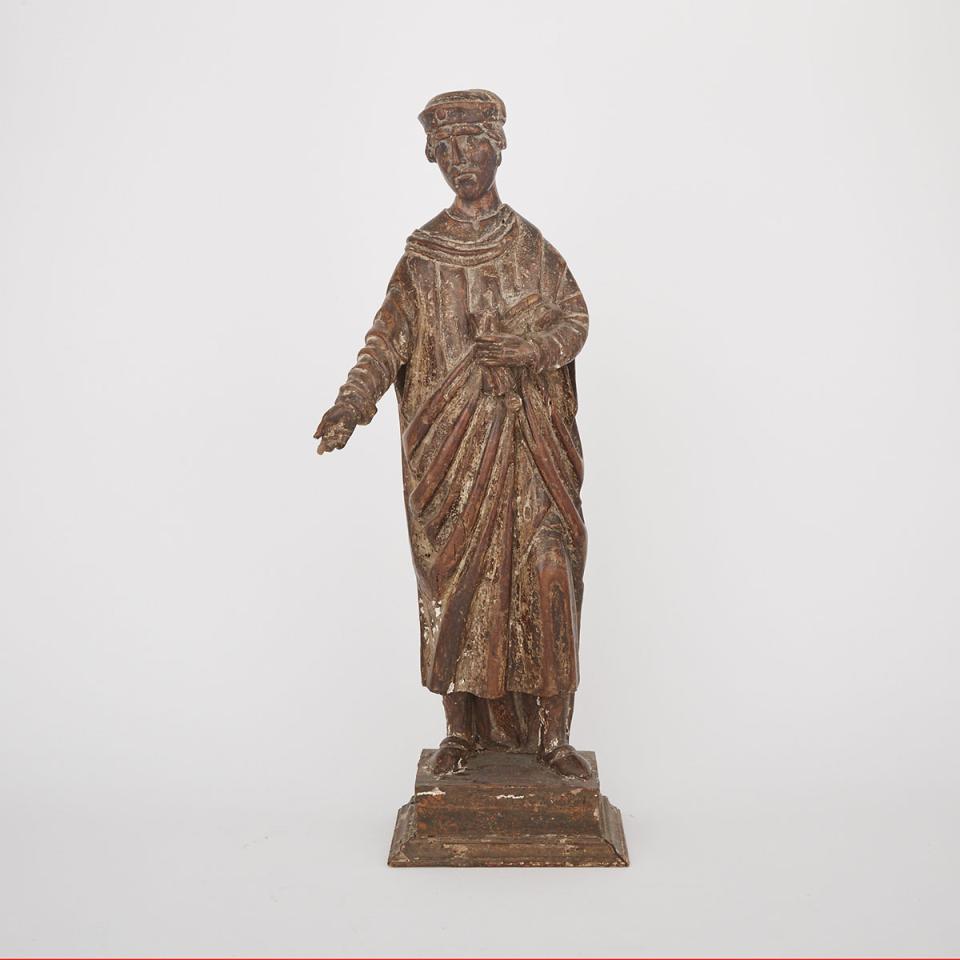 Spanish Colonial Carved Hardwood FIgure of Saint Gabriel with Scroll, 18th/19th century