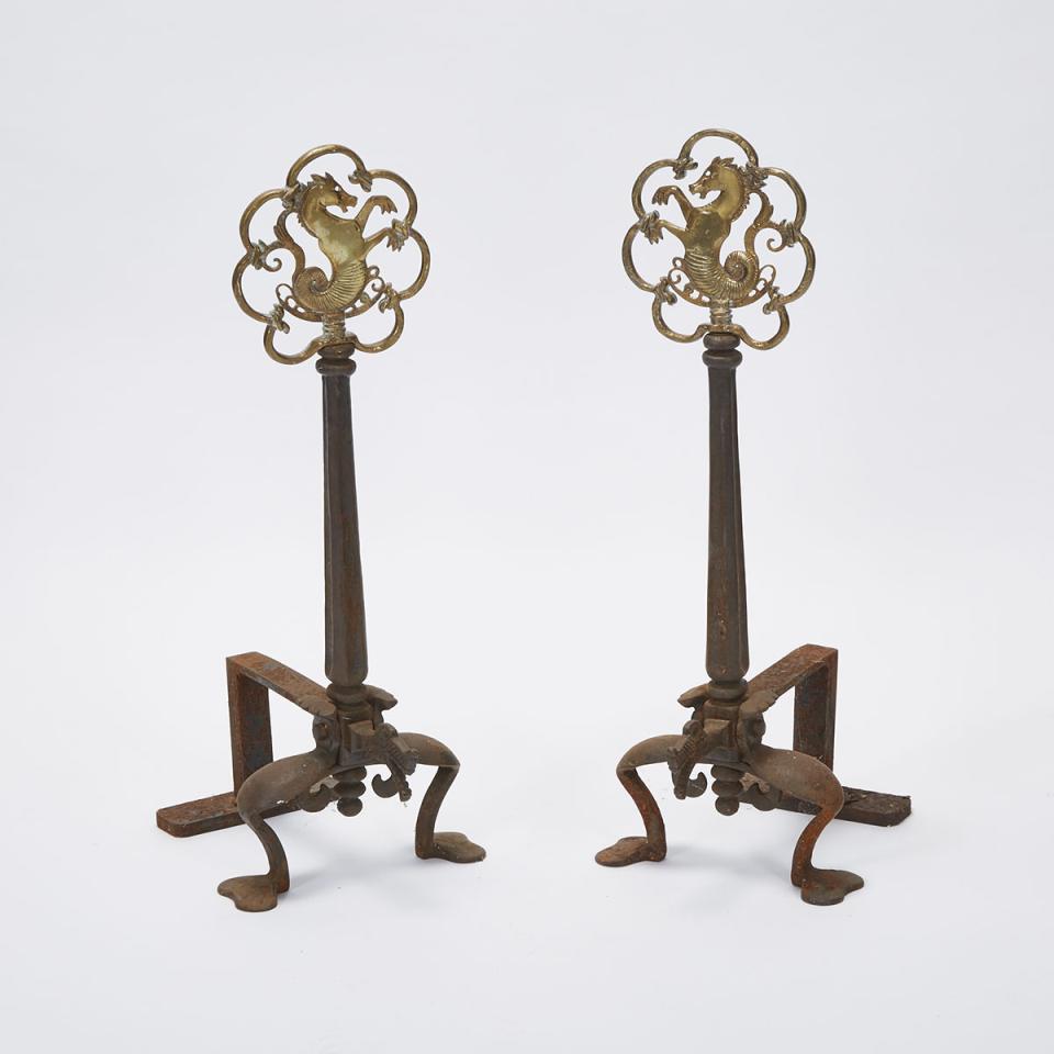 Pair of Renaissance Revival Iron and Brass Andirions, c.1900