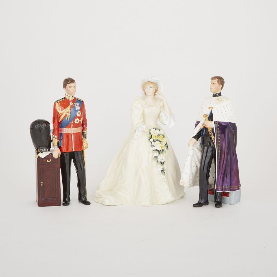 Three Royal Doulton Portrait Figures of H.R.H. The Prince and Princess of Wales, c.1981 