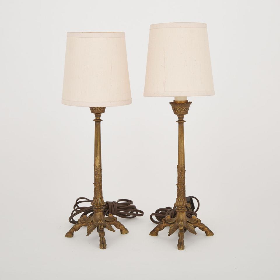Pair of French Empire Style Gilt Bronze Candlestick Lamps, early 20t century