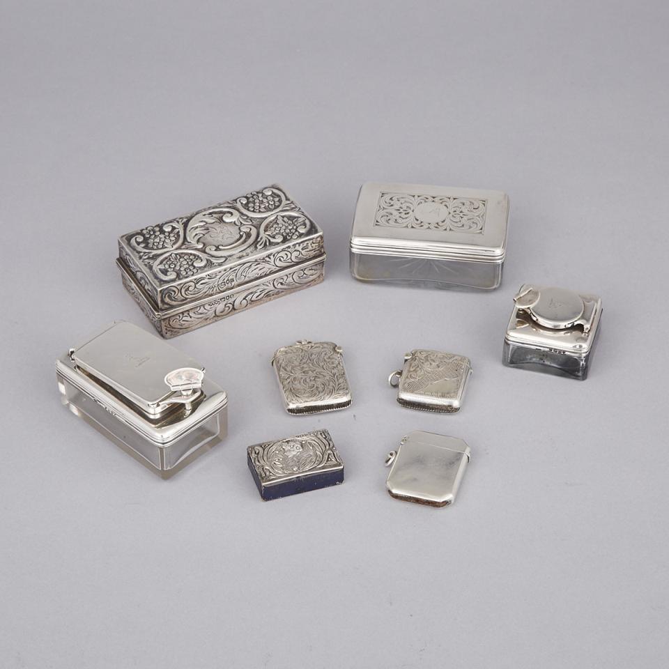 Two Late Georgian Silver Mounted Glass Travelling Toilet Boxes and an Inkwell, Edwardian Jewellery Box, Matchbox Cover and Three Vesta Cases, London and Birmingham, c.1828-1912