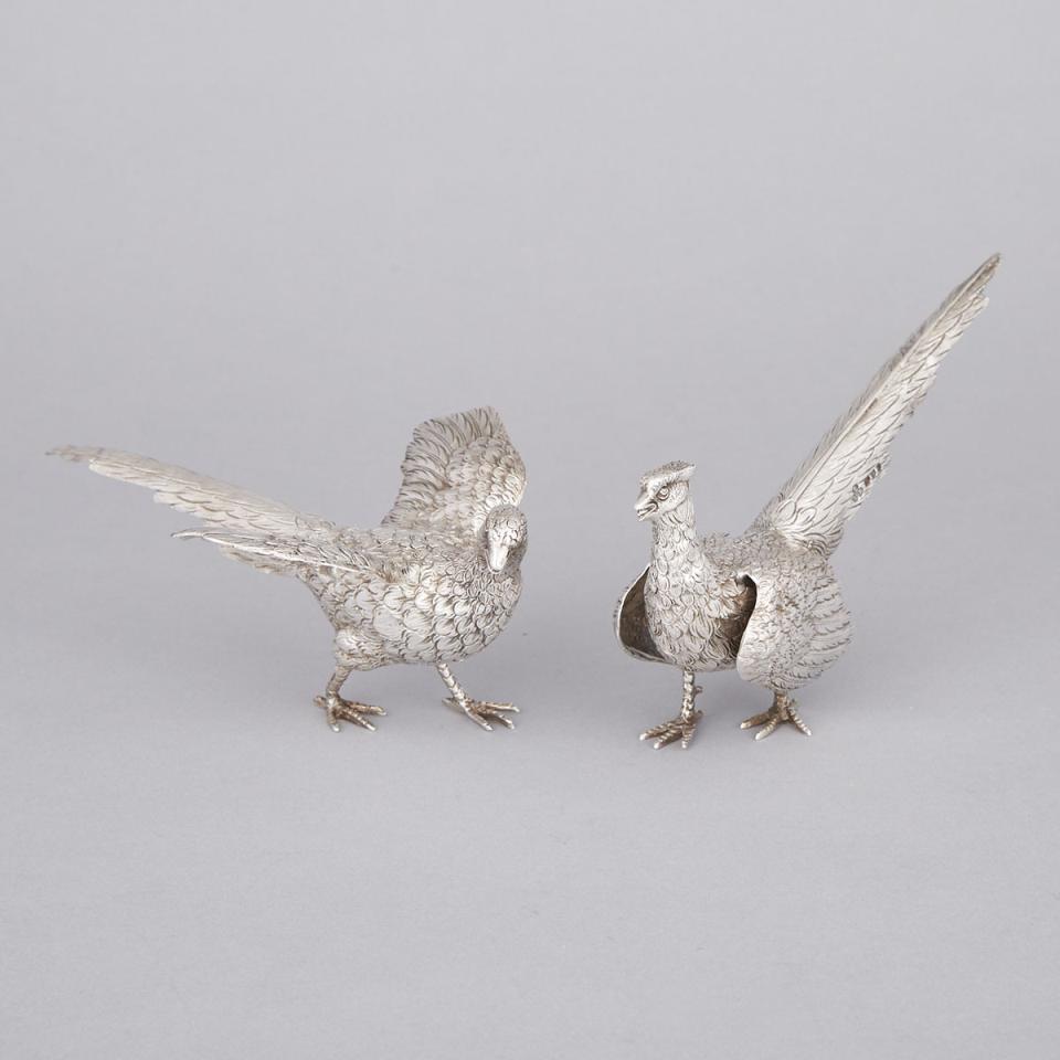Pair of English Silver Models of Pheasants, London, 1973