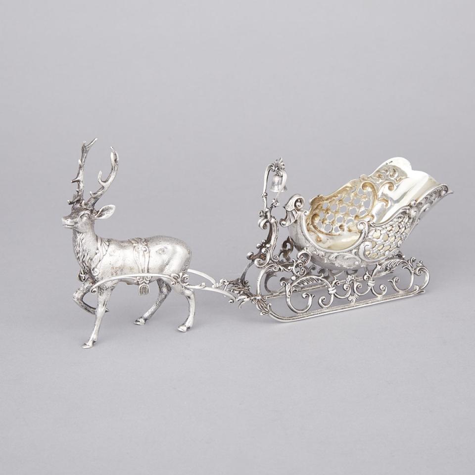 Continental Silver Model of a Reindeer and Sleigh, probably German, 20th century