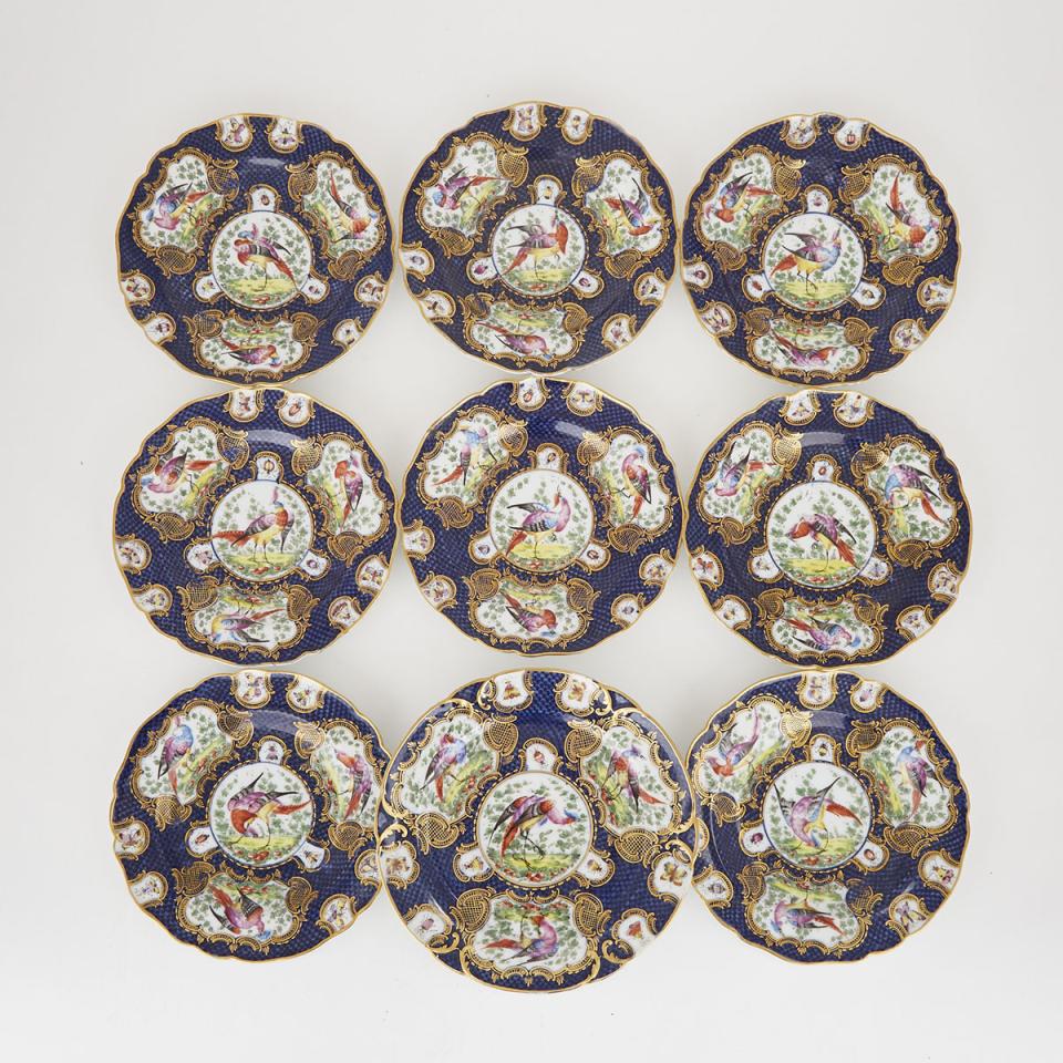 Set of Eight Samson ‘Worcester’ Blue Scale Ground Plates and a Low Comport, c.1900