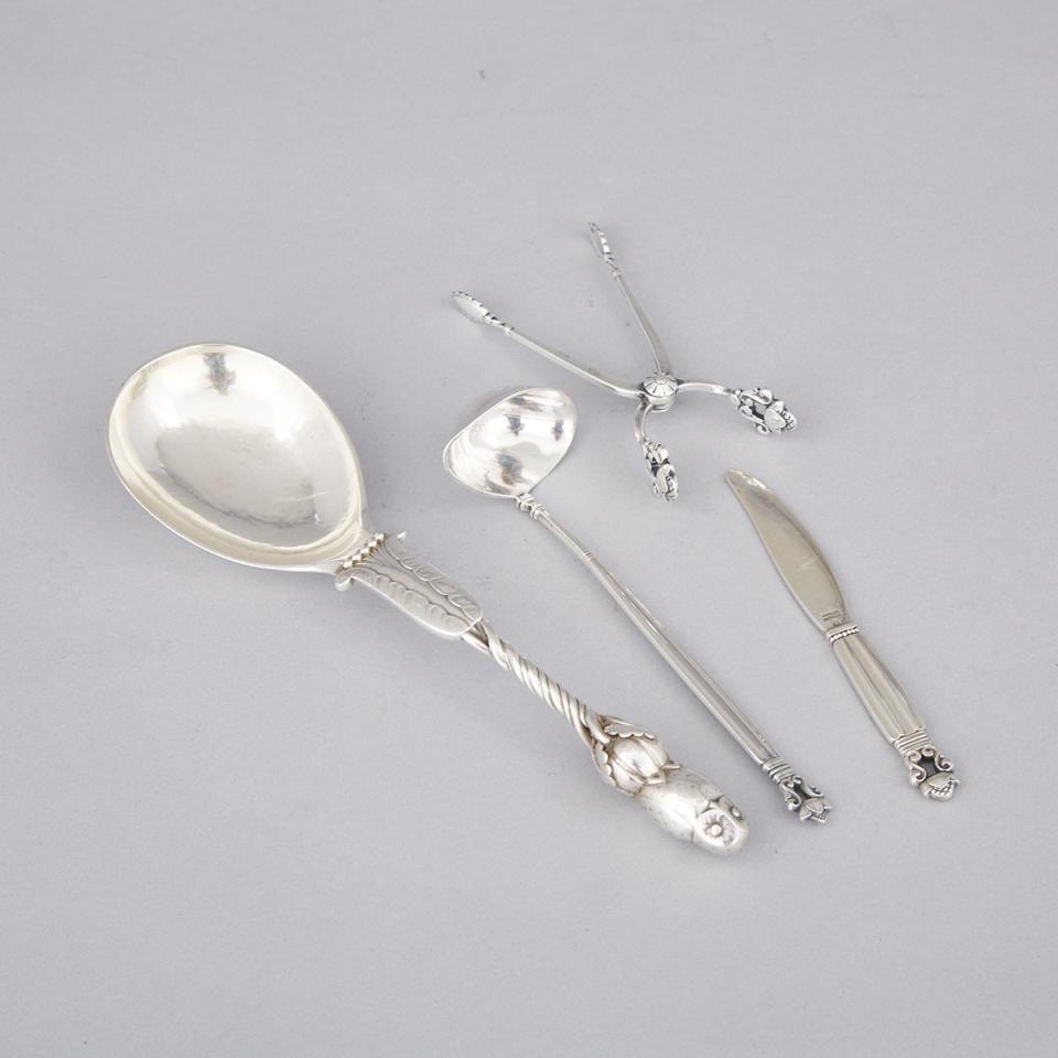 Danish Silver ‘Owl’ Serving Spoon (#39), Georg Jensen, Copenhagen, 1929 and ‘Acorn’ Pattern Cream Ladle, Pâté Knife and Sugar Nips, c.1933-44