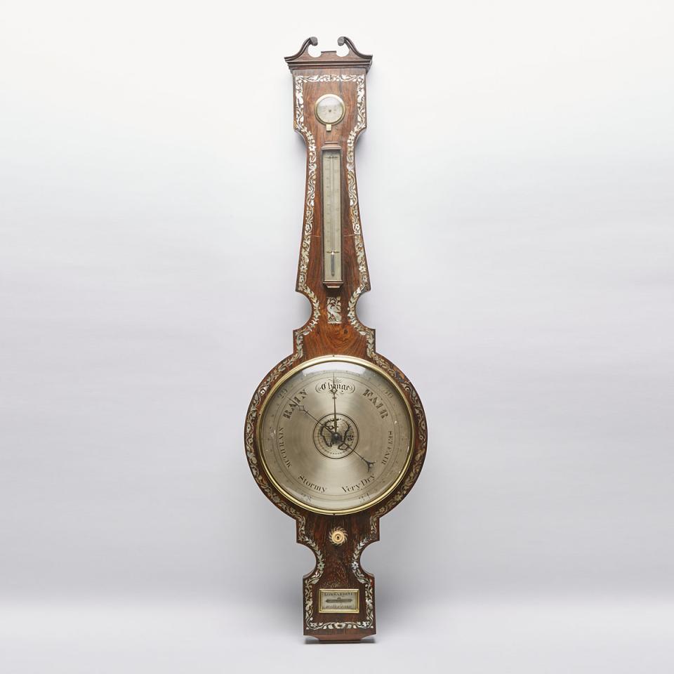 English Abalone Inlaid Rosewood Wheel Barometer, Lombardini, Huddersfield, mid 19th century