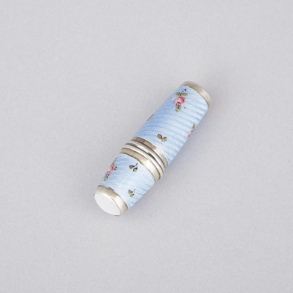 Continental Silver and Enamel Thread Case with Spool and Thimble Cover, early 20th century