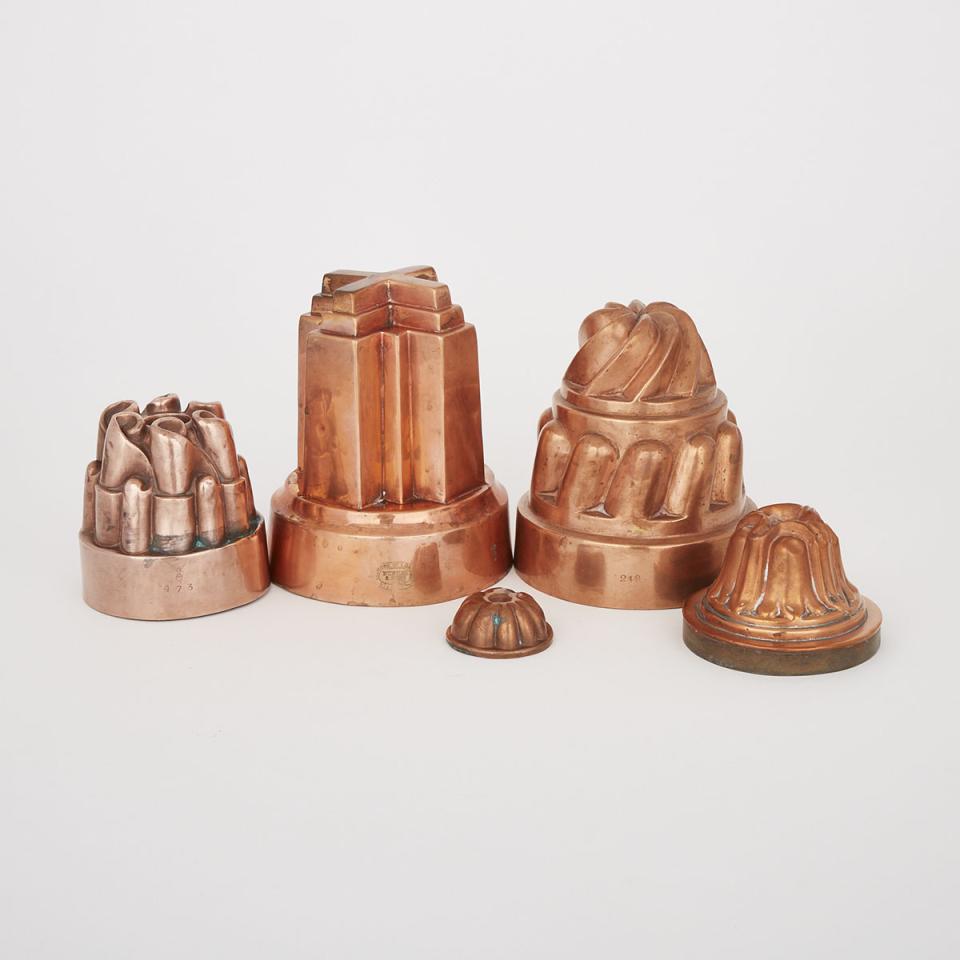 Group of Five English Copper Jelly Moulds, 19th century