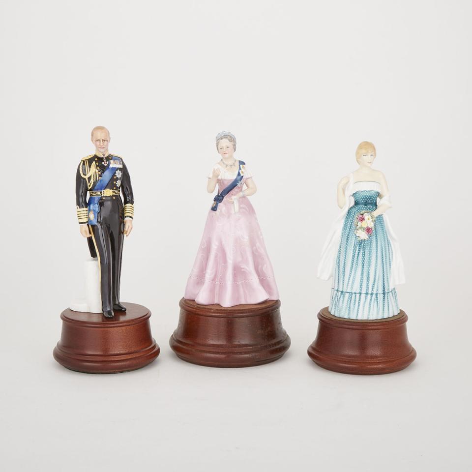 Three Royal Doulton Portrait Figures of H.M. Queen Elizabeth The Queen Mother, H.R.H. Prince Philip, Duke of Edinburgh and Lady Diana Spencer, c. 1980-81