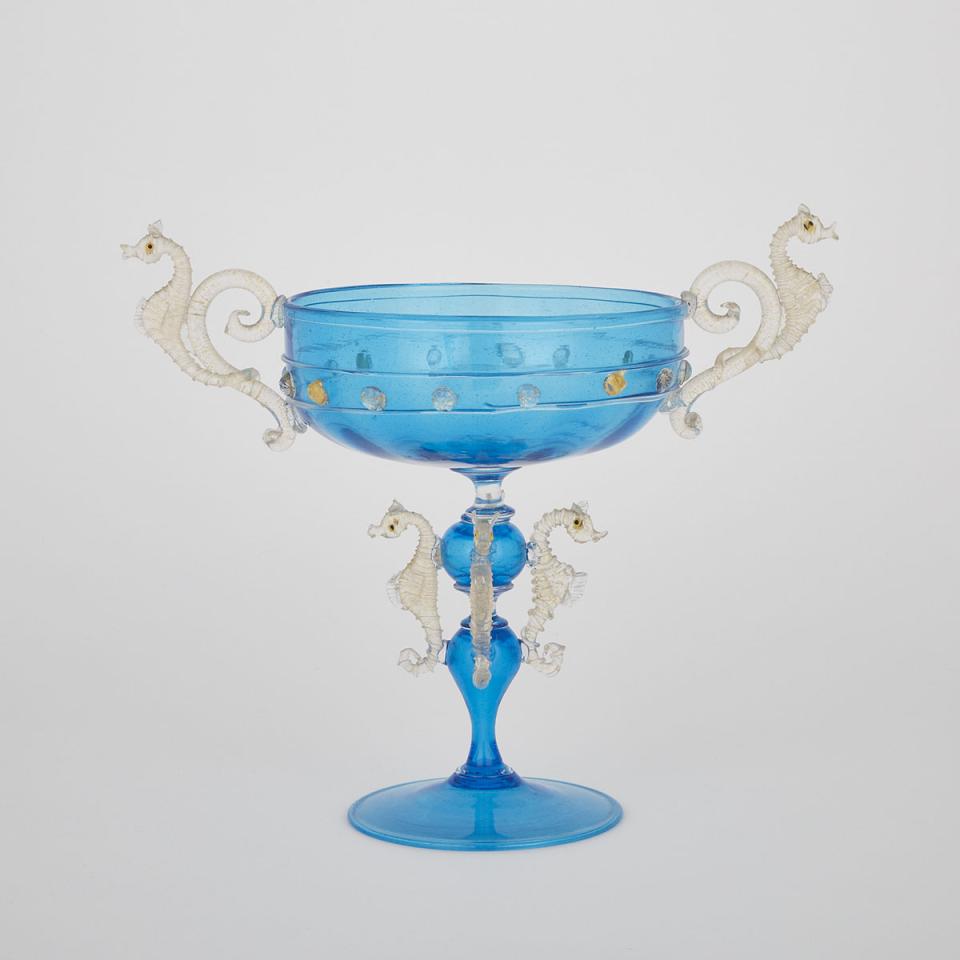 Venetian Blue Glass Two-Handled Comport, 20th century