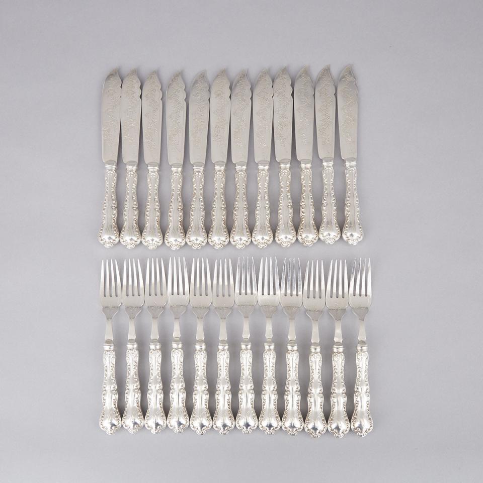 Twelve Canadian Silver ‘Louis XV’ Pattern Fish Knives and Twelve Fish Forks, probably Henry Birks & Sons, Montreal, Que., 20th century