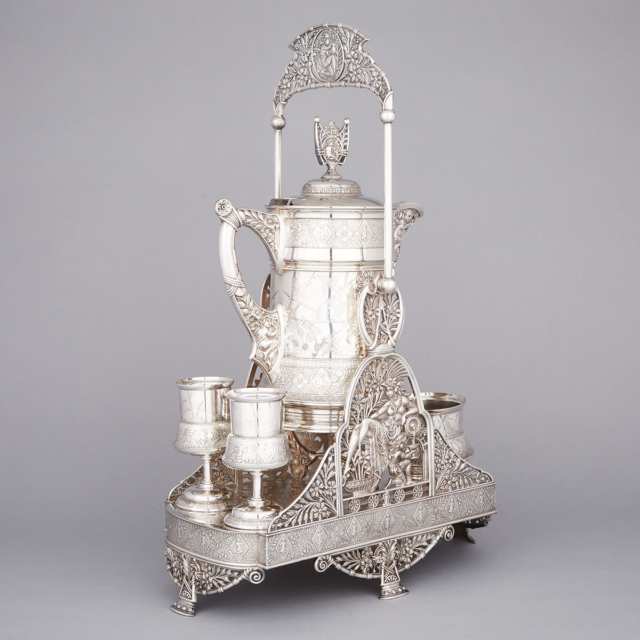 American Silver Plated Iced Water or Lemonade Jug on Stand with Goblets and Bowl, Simpson Hall Miller & Co., c.1880