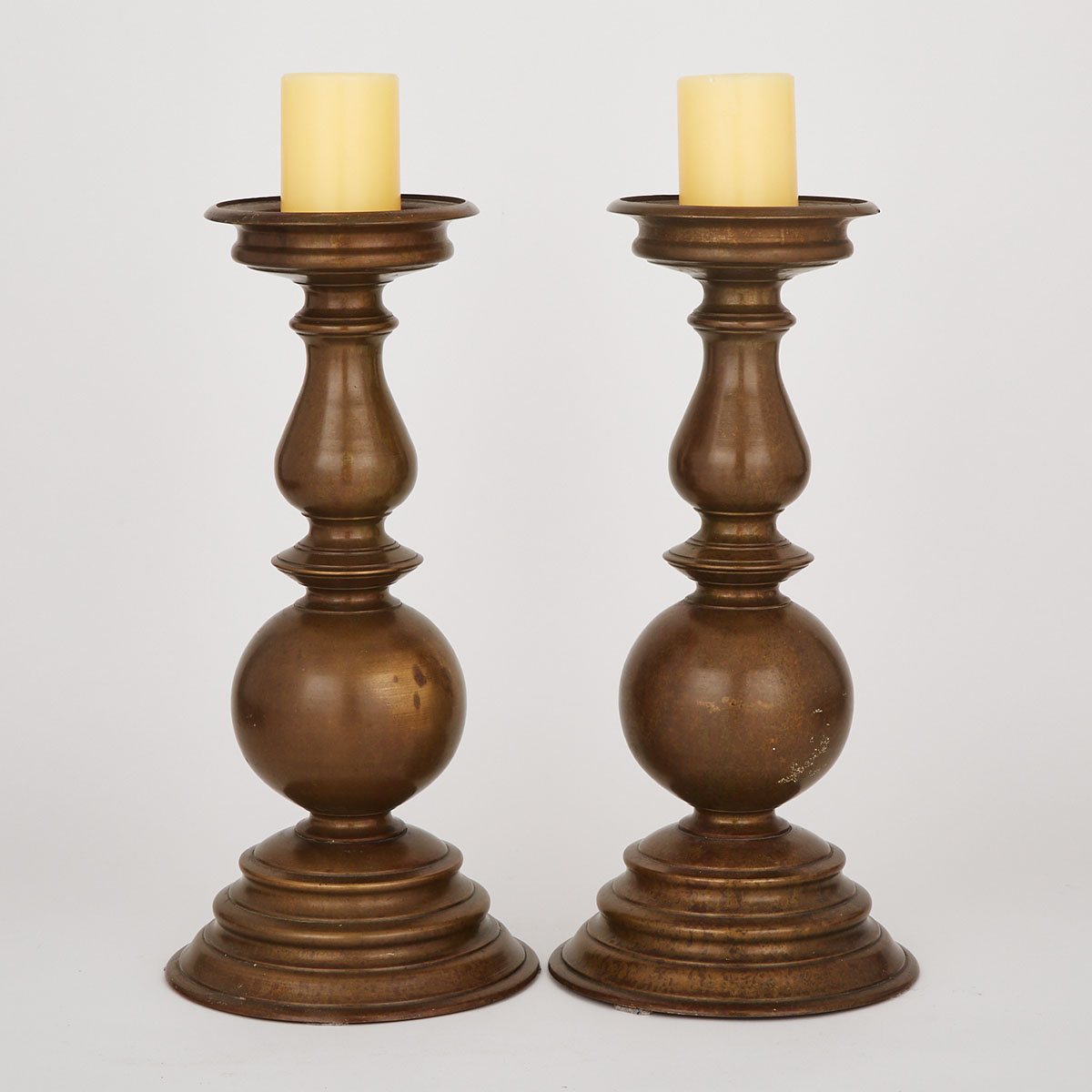 Pair of Baluster Form Patinated Bronze Candle Prickets, early-mid 20th century