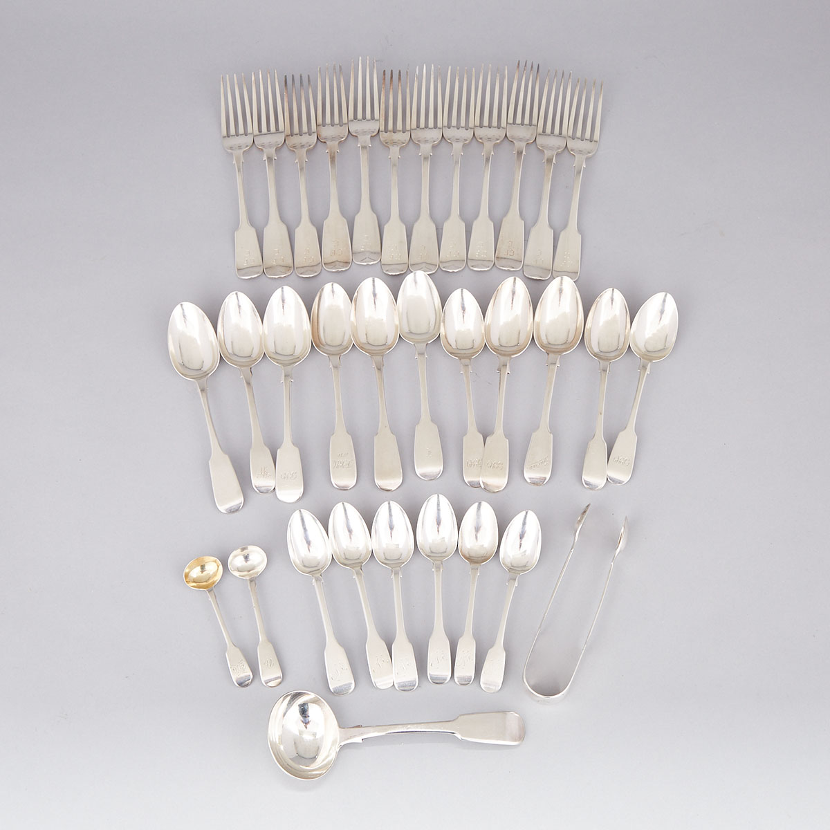 Late Georgian and Victorian Silver Fiddle Pattern Flatware, various makers, London and Exeter, c.1811-49