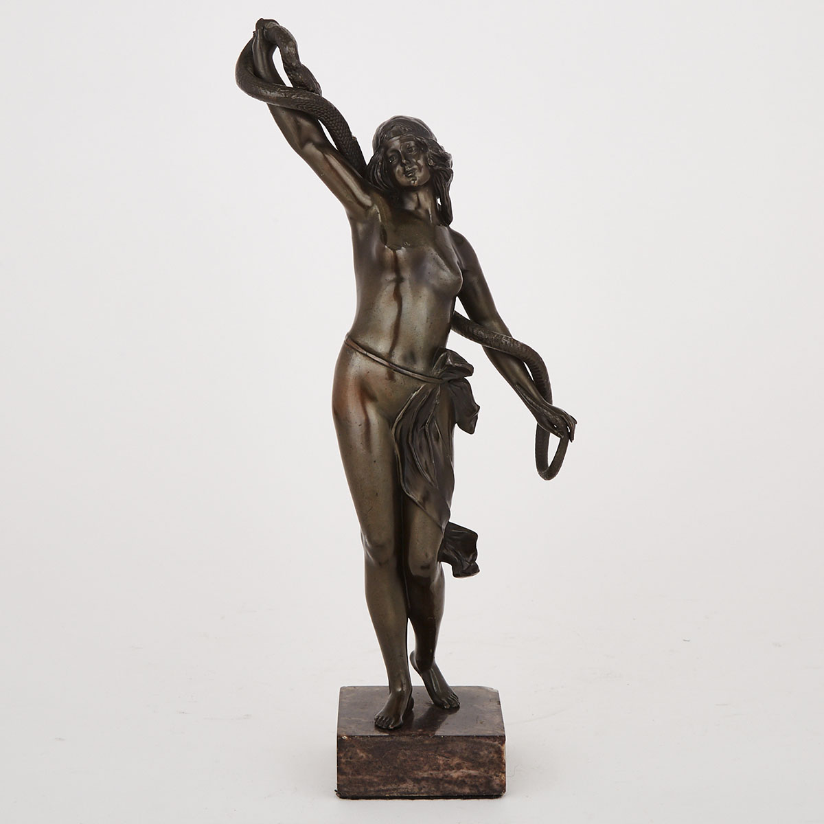French Patinated Bronze Figure of a Semi Nude Exotic Serpent Dancer, early 20th century