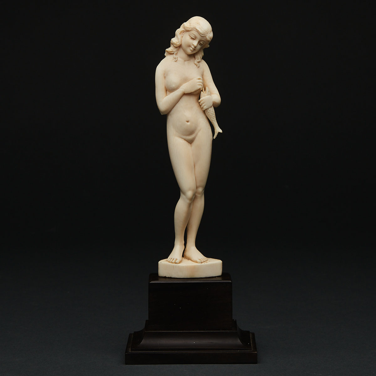 French Art Deco Carved Ivory Figure of a Nude with Fish,  c.1925