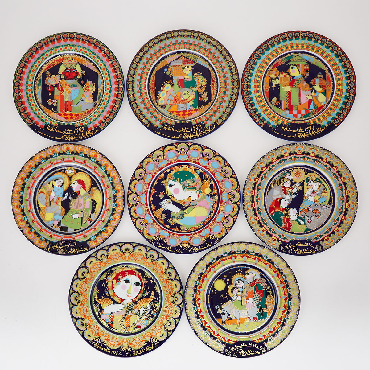 Eight Rosenthal Christmas Plates, Bjorn Wiinblad, 1972-79