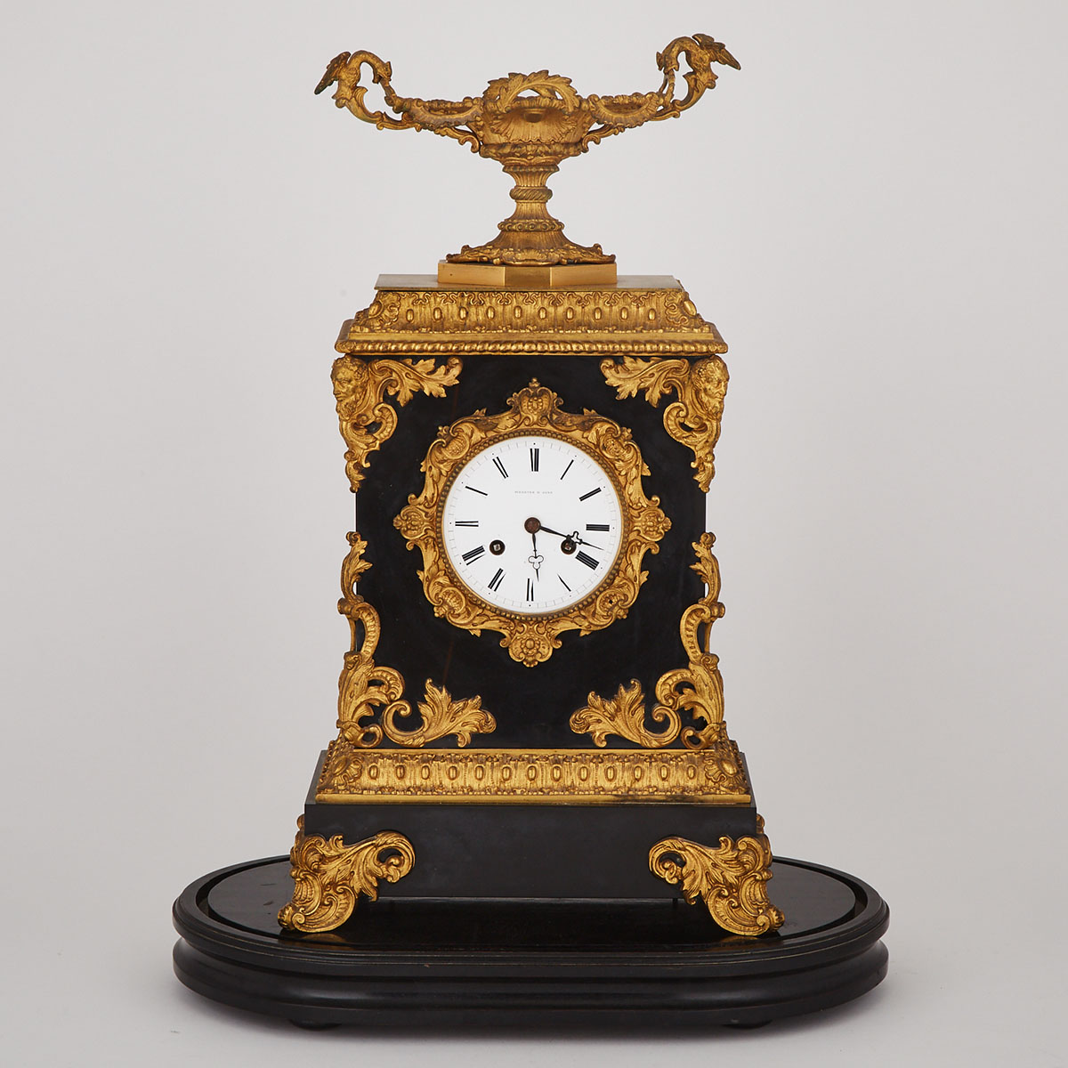 French Ormolu Mounted Black Belgian Slate Mantle Clock, Webster & Sons, Paris, c.1860