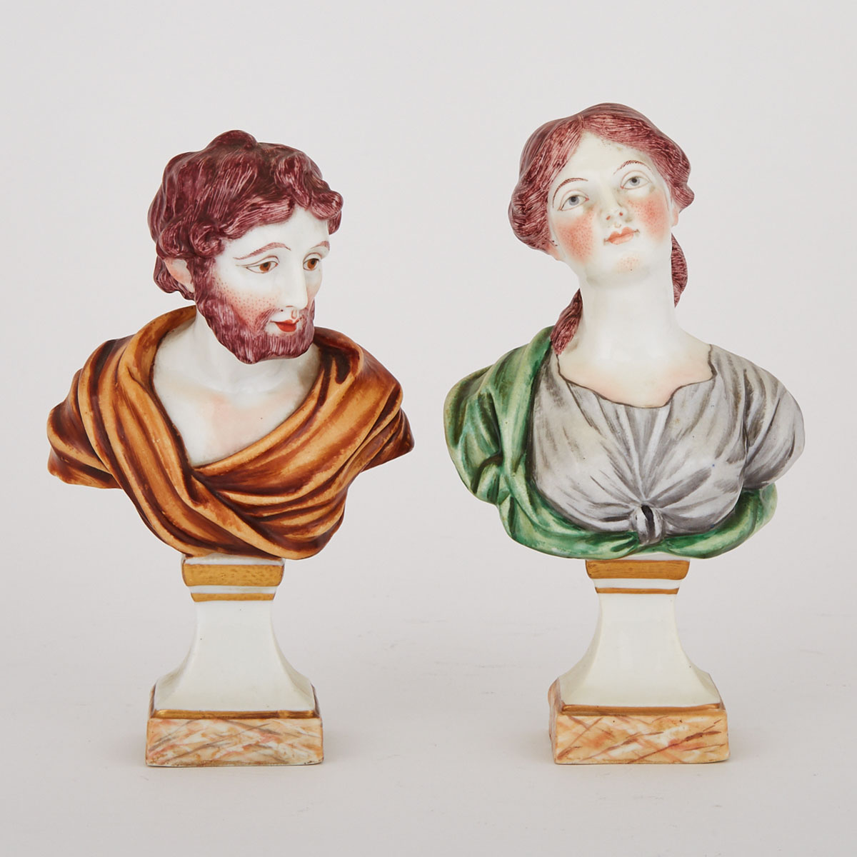 Pair of ‘Naples’ Busts of a Man and Woman in Classical Dress, 20th century