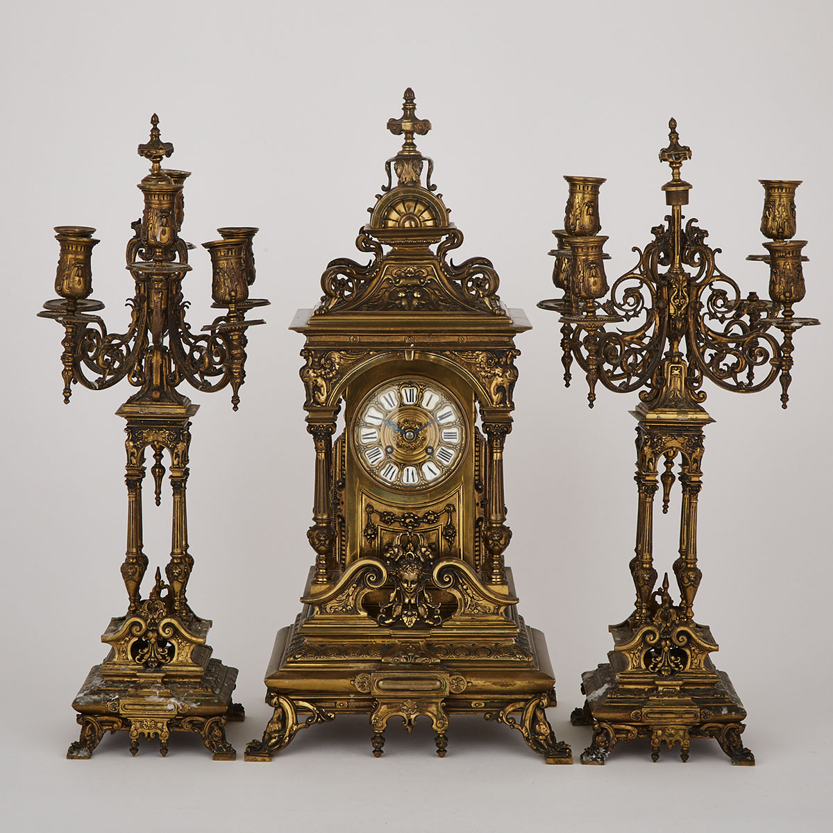 French Renaissance Revival Gilt Bronze Three Piece Clock Garniture, c.1900