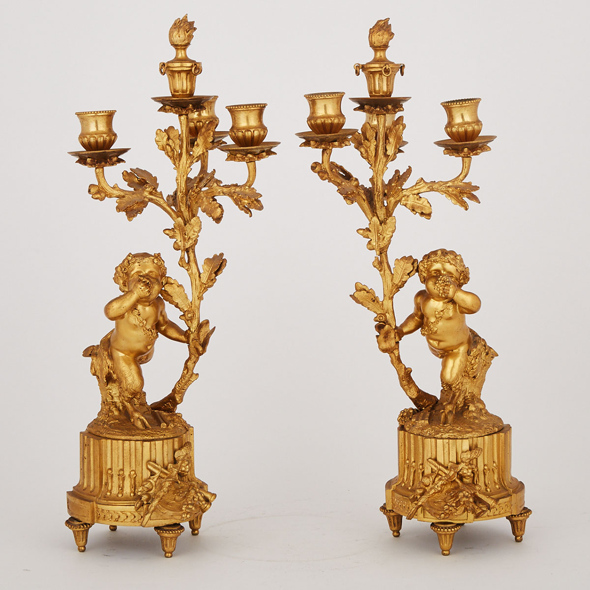 Pair of Louis XVI Style Gilt Bronze Three Light Figural Candelabra, 19th early 20th century