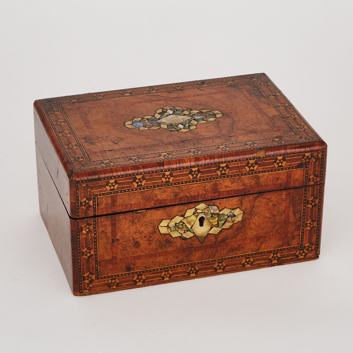Victorian Abalone Inlaid Burl Walnut Tunbridge Ware Box,  mid 19th century