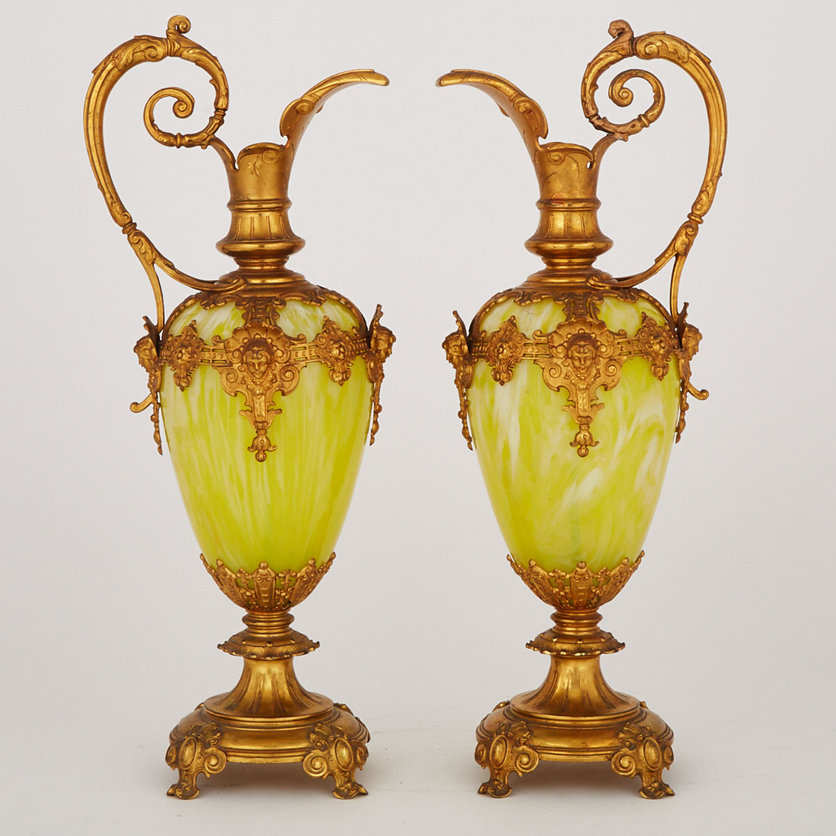 Pair of Aesthetic Movement GIlt Bronze and Mottled Yellow Glass Ewers, c.1870