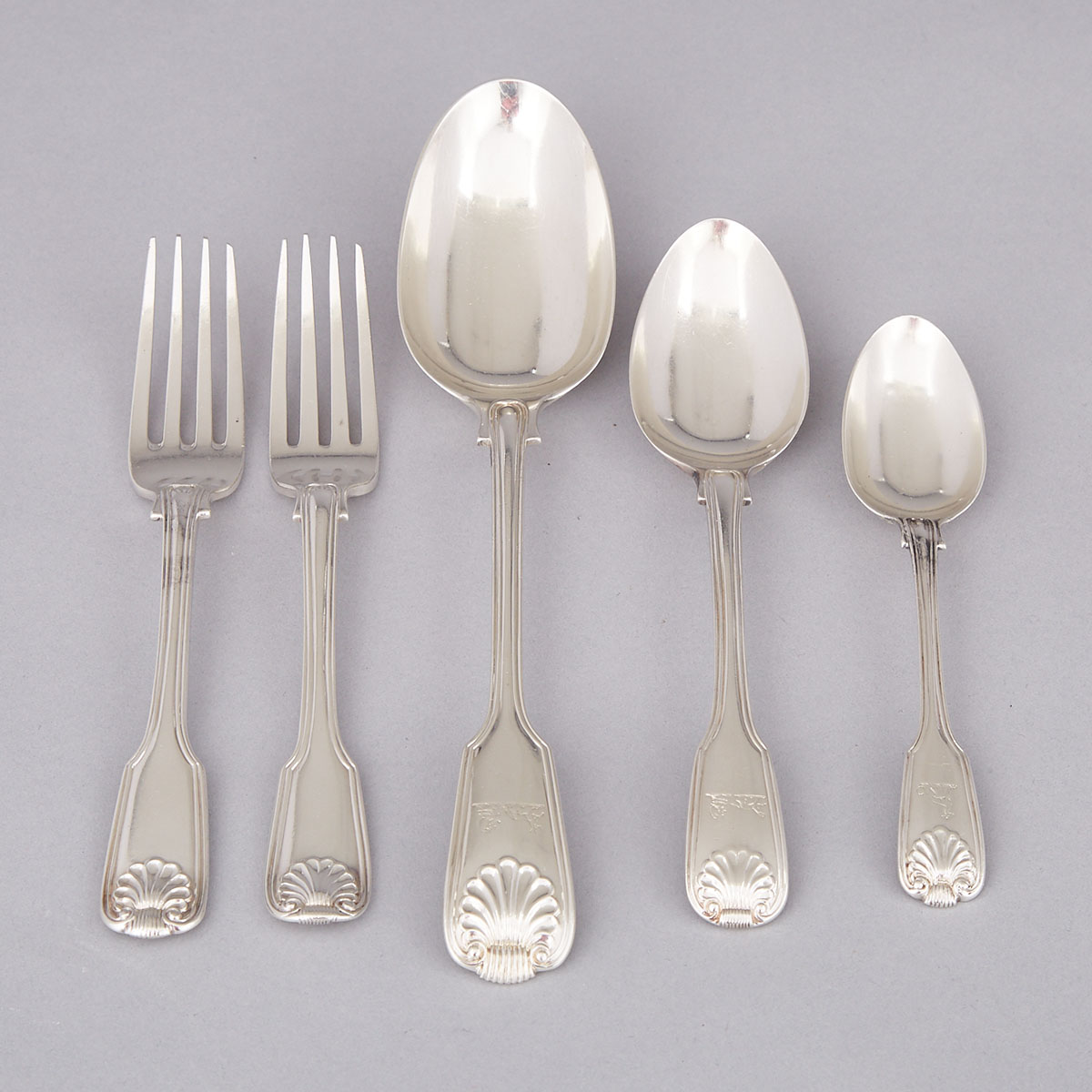 Late Georgian/Victorian Silver Fiddle, Thread & Shell Flatware, mainly Chawner & Co.,  London, 1831-1897