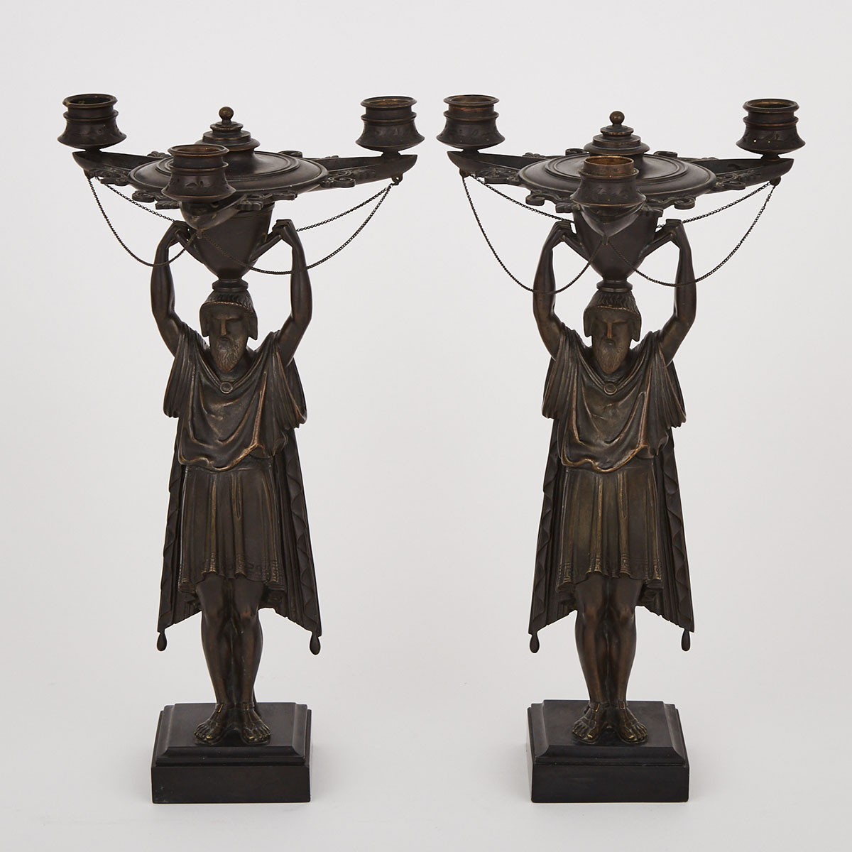 Pair of French Bronze Etruscan Revival Figural Candelabra, 19th century