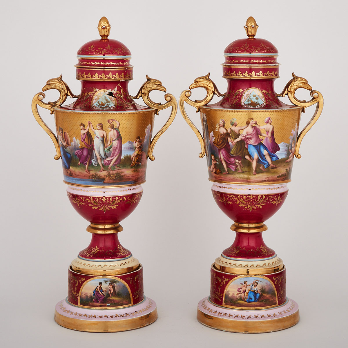 Pair of ‘Vienna’ Large Two Handled Covered Vases and Stands, late 19th century