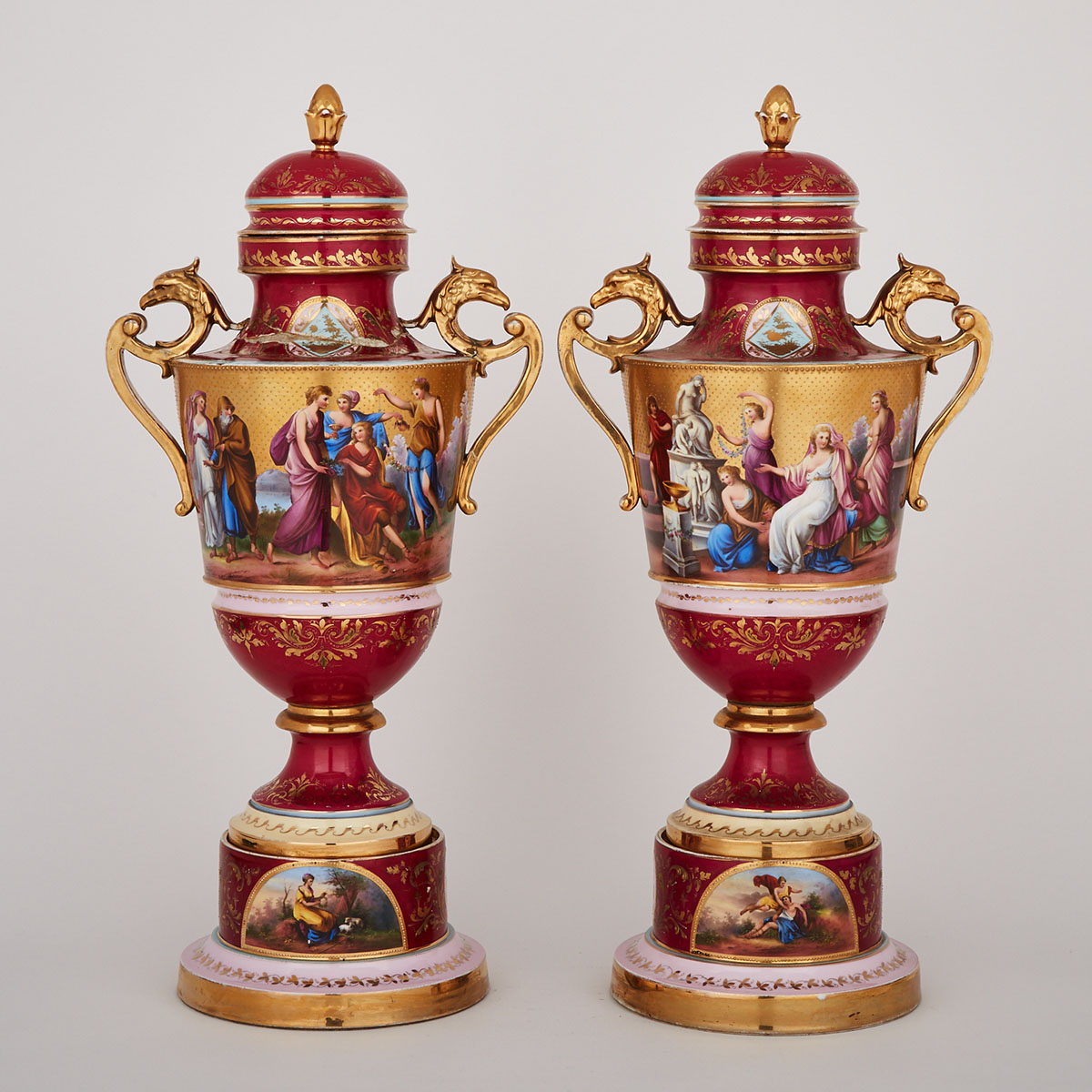 Pair of ‘Vienna’ Large Two Handled Covered Vases and Stands, late 19th century