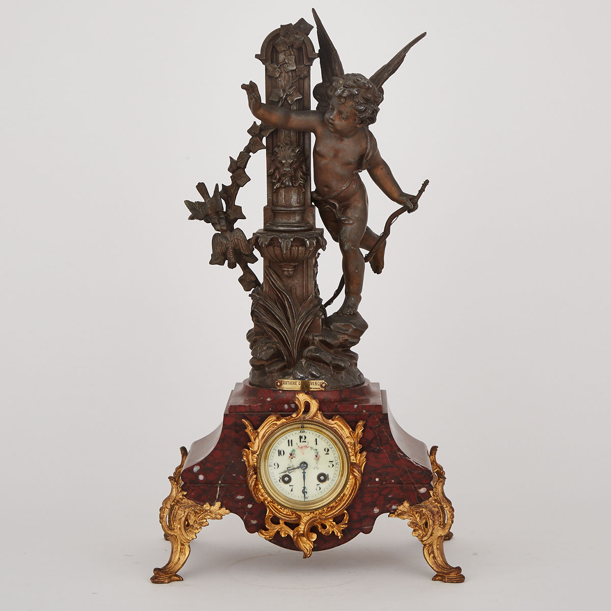 French Ormolu Mounted Rouge Griotte Marble Figural Mantle Clock