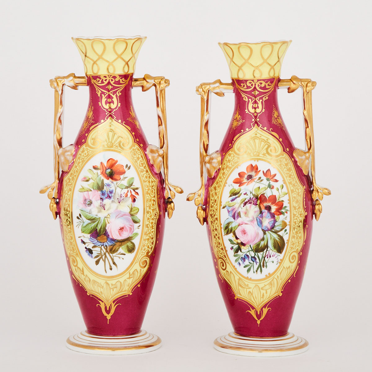 Pair of French Porcelain Claret-Ground Two Handled Vases, late 19th century