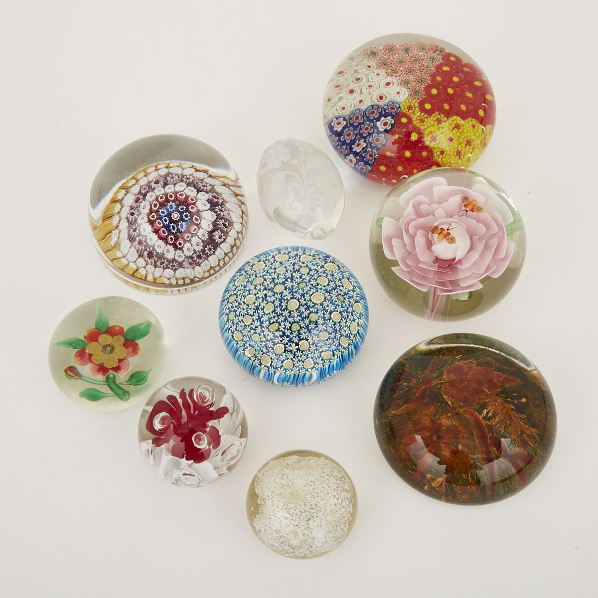 Group of Nine Glass Paperweights, mainly 20th century