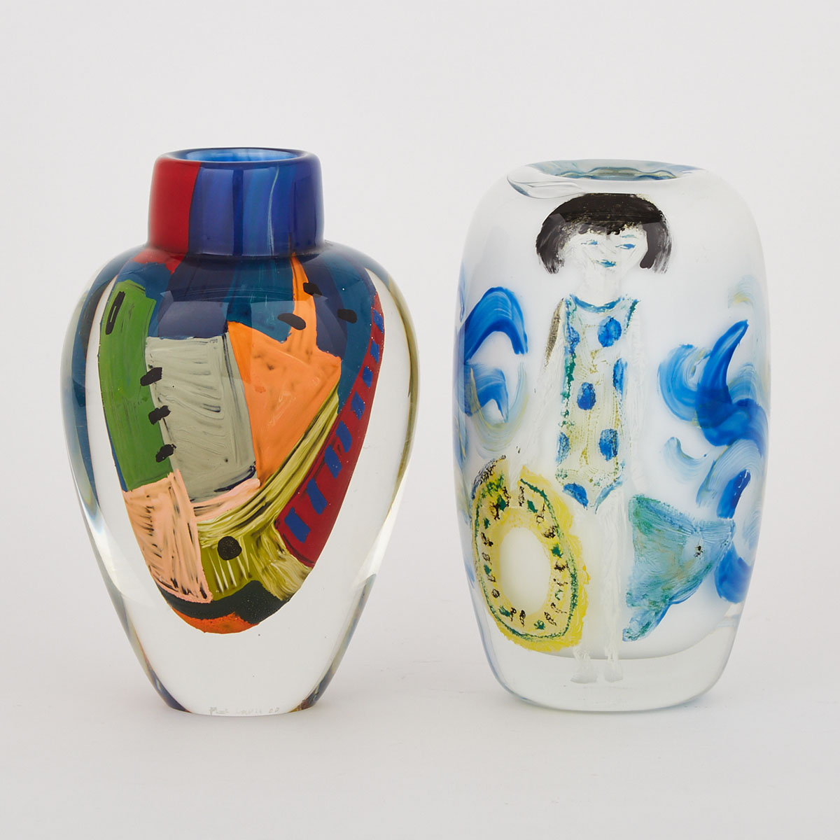 Mark Lewis (Canadian, b.1958) 
Internally Decorated Paperweight Glass Vase, 2000, and Another, c.2000