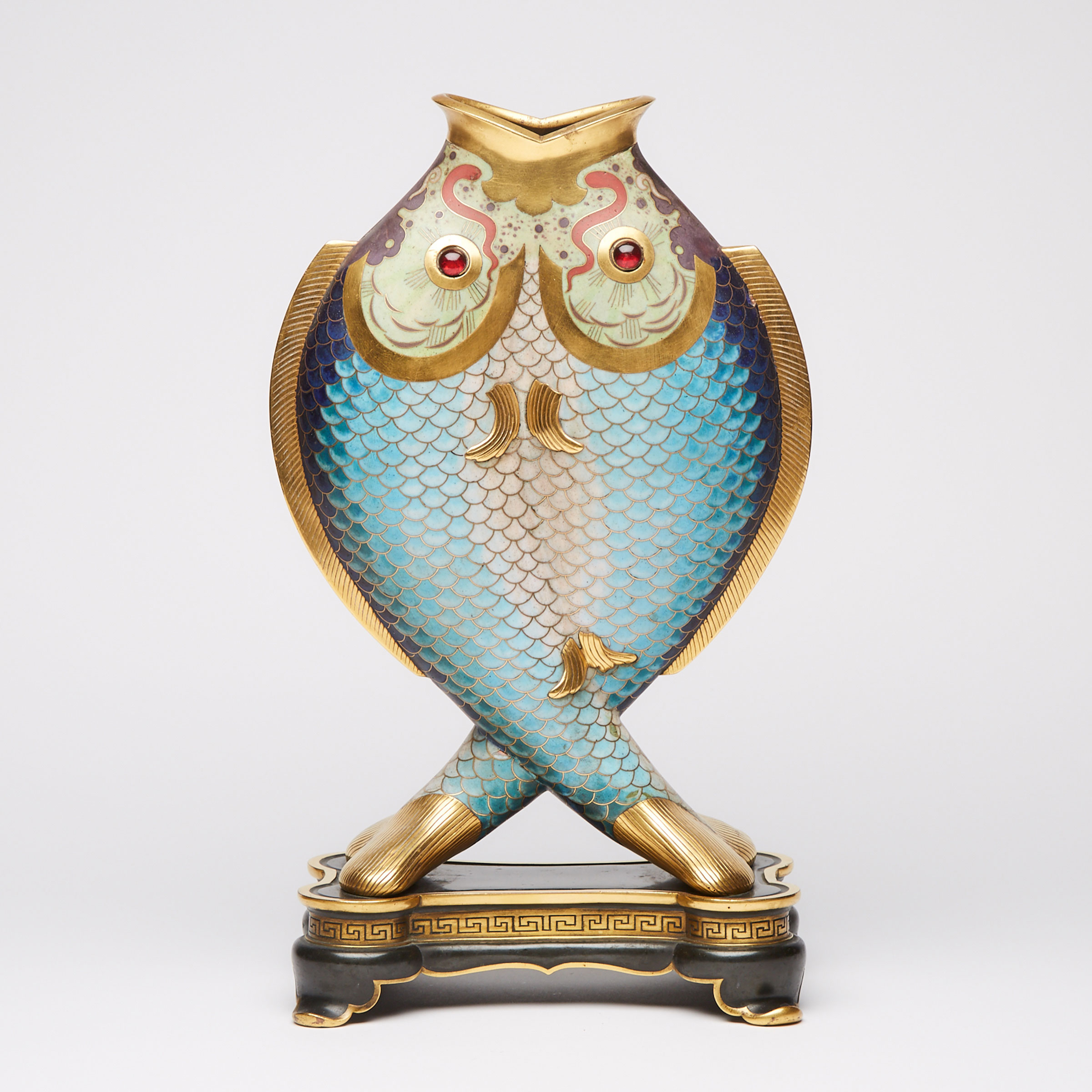 French ‘Japonisme’ Cloisonné Enamel, Gilt and Patinated Bronze Double Fish Form Vase, Christofle et Cie, 1874